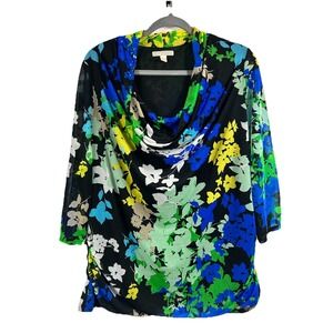 Dana Buchman XL Floral Mesh Top Artsy Maximalist Cowl Neck Ruched Office Siren